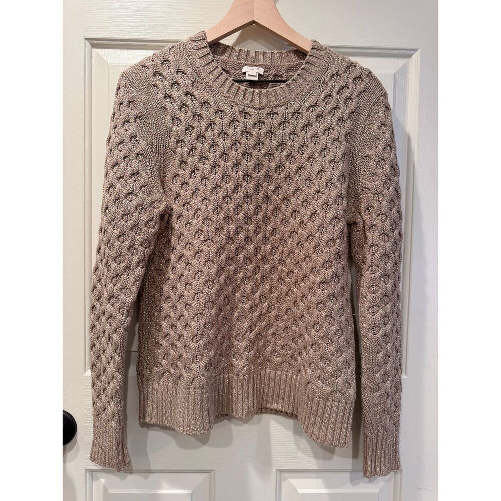 J. Crew Factory M Womens Chunky Knit Gold Crew Neck Sweater Metallic Cotton